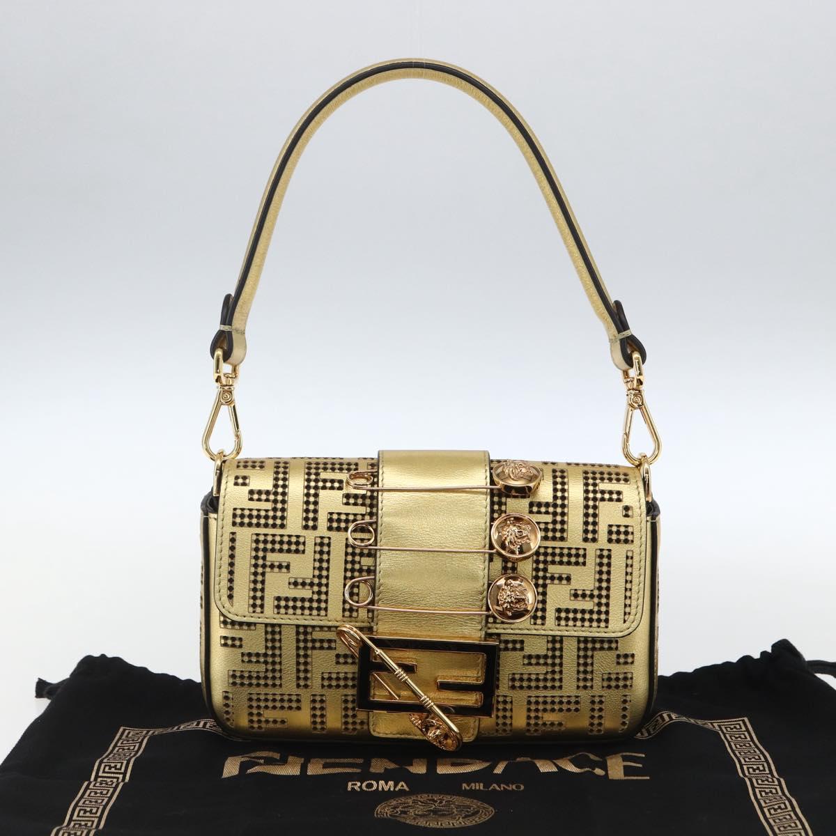 FENDI Zucca Canvas Mini Baguette Shoulder Bag Gold Auth 159852SM