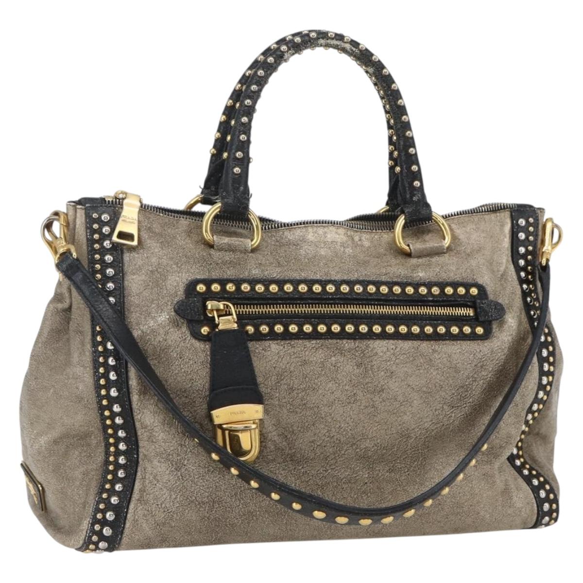 PRADA Hand Bag Leather 2way Beige Gold Auth 159876