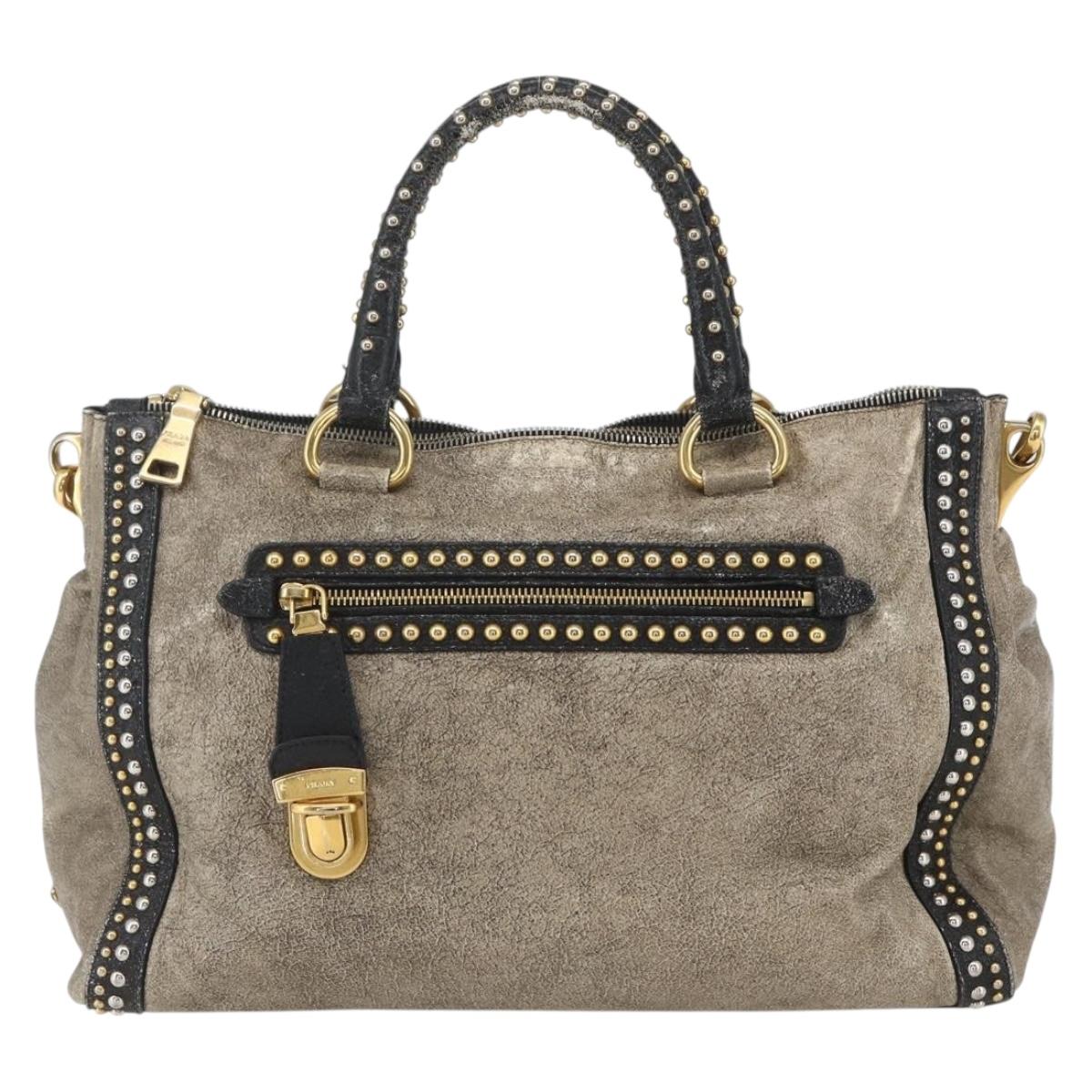 PRADA Hand Bag Leather 2way Beige Gold Auth 159876