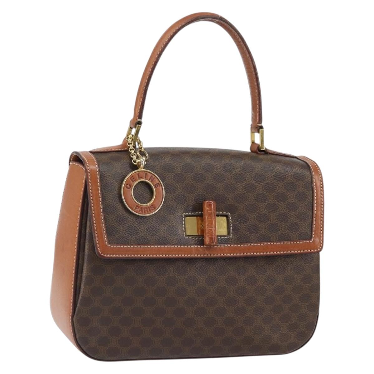 CELINE Circle Macadam Canvas Hand Bag PVC Leather Brown Gold Auth 159882