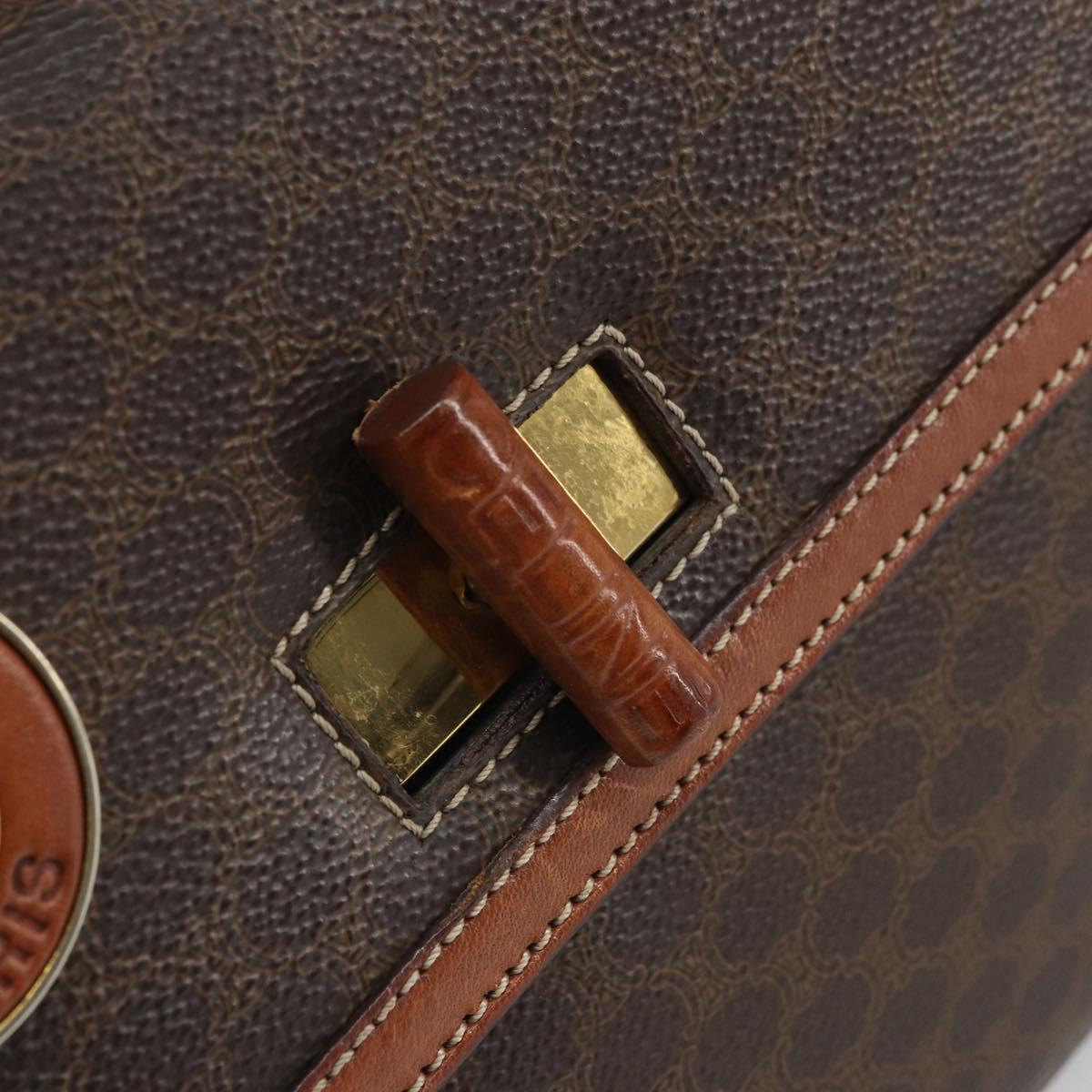 CELINE Circle Macadam Canvas Hand Bag PVC Leather Brown Gold Auth 159882