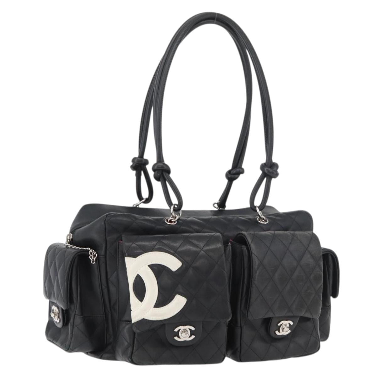 CHANEL Cambon Line Matelasse Boston Bag Leather Black Silver CC Auth 159886SAV