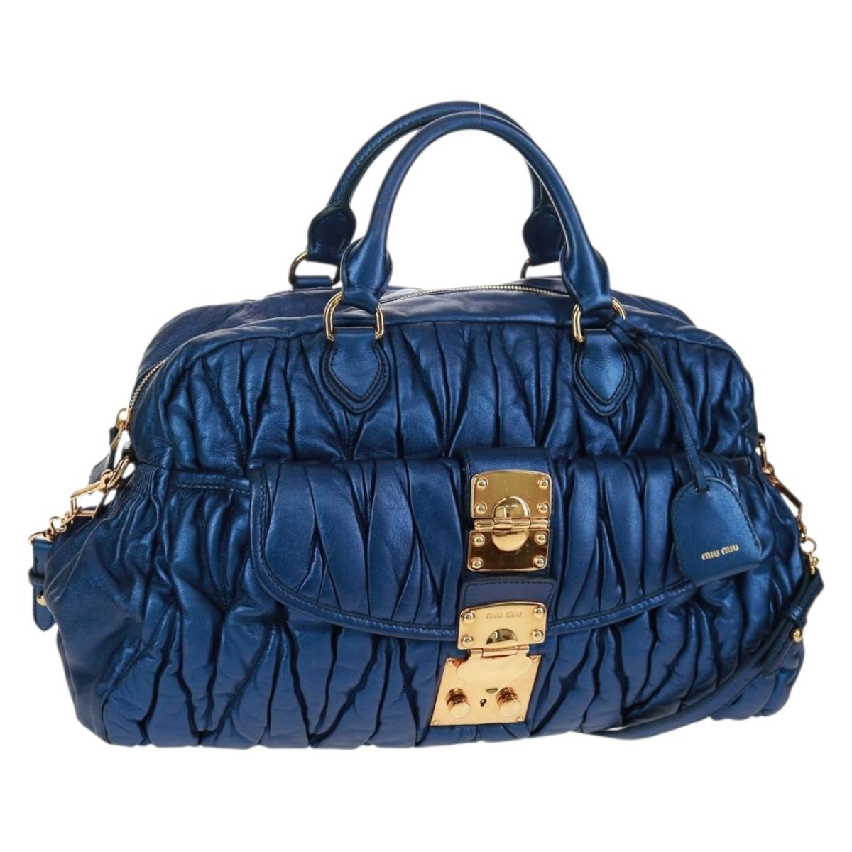 Miu Miu Matelasse Hand Bag Leather 2way Blue Gold Auth 159908SAV