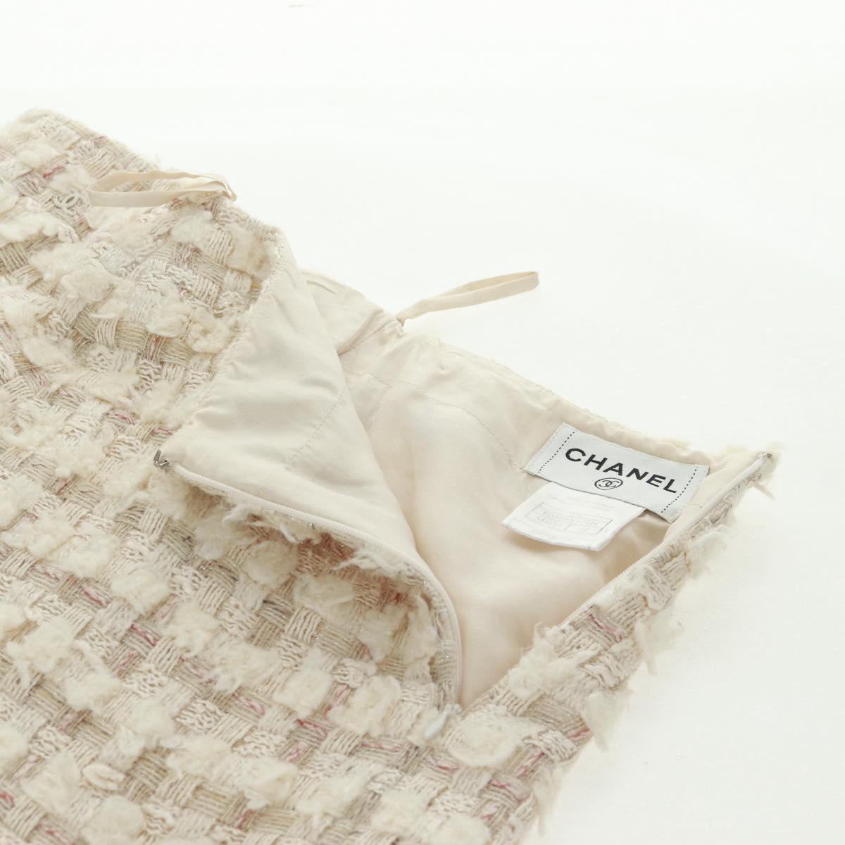 CHANEL Jacket Skirt Setup Tweed White CC Auth 159923V