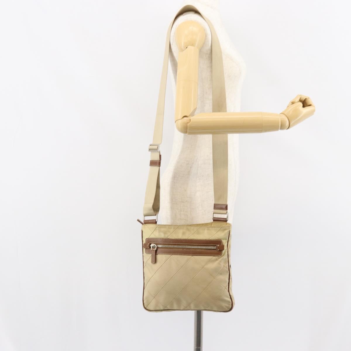 PRADA Quilted Shoulder Bag Nylon Beige Silver Auth 159966