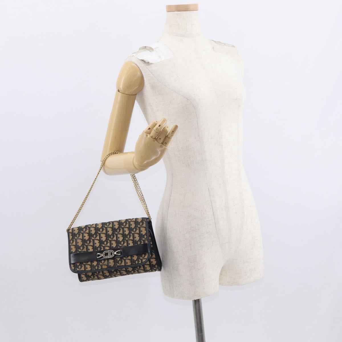 Christian Dior Trotter Canvas Chain Shoulder Bag Navy Gold Auth 159985