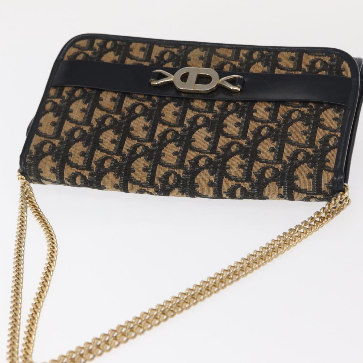 Christian Dior Trotter Canvas Chain Shoulder Bag Navy Gold Auth 159985