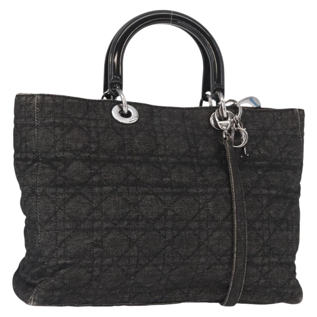 Christian Dior Lady Dior Canage Hand Bag Denim 2way Black Silver Auth 160005