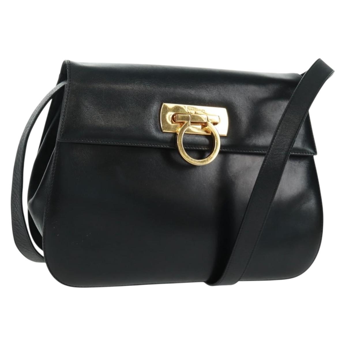 Salvatore Ferragamo Gancini Shoulder Bag Leather Black Gold Auth 160020