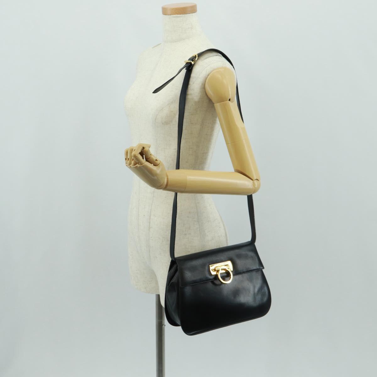 Salvatore Ferragamo Gancini Shoulder Bag Leather Black Gold Auth 160020