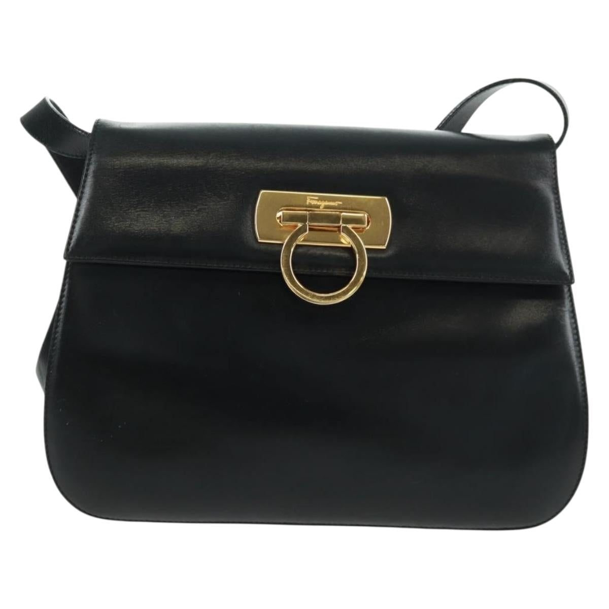 Salvatore Ferragamo Gancini Shoulder Bag Leather Black Gold Auth 160020