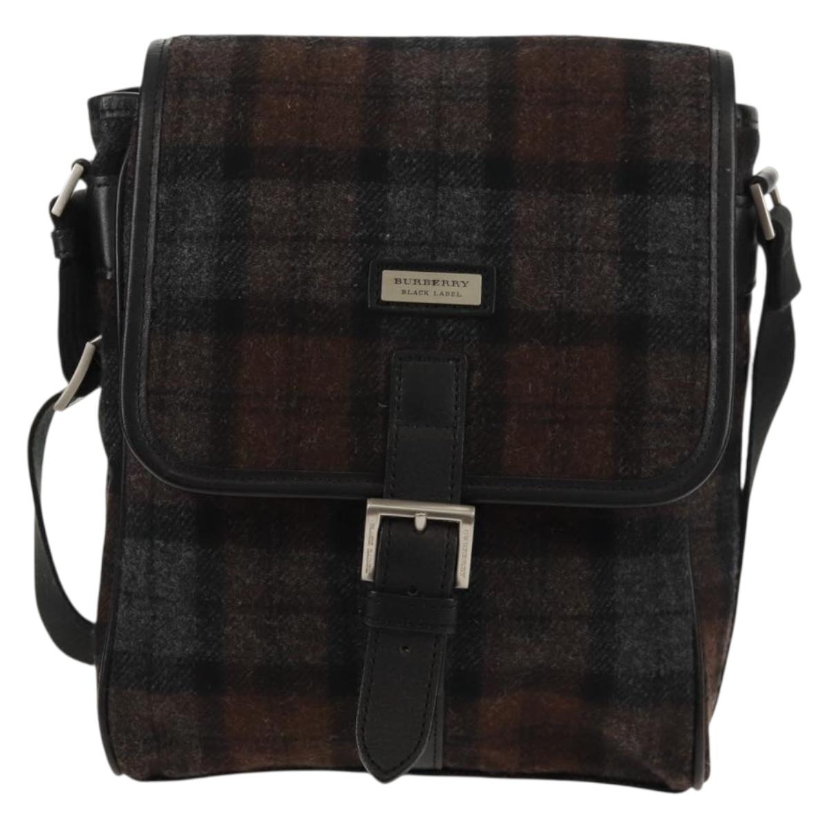BURBERRY Nova Check Black Label Shoulder Bag Wool Black Silver Auth 160023V