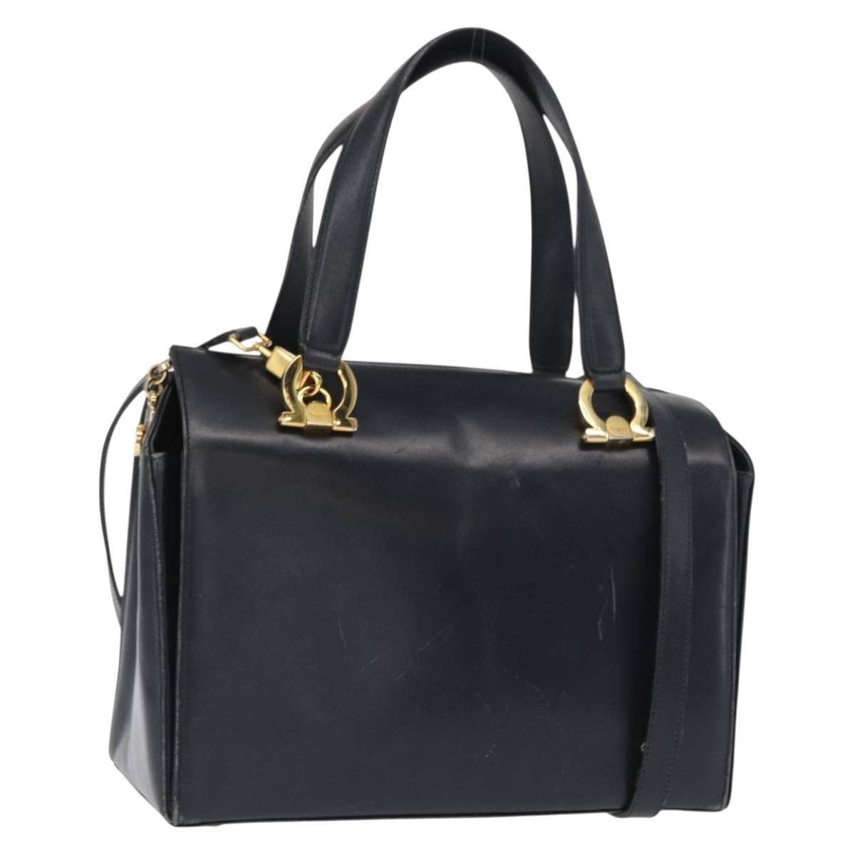 Salvatore Ferragamo Gancini Hand Bag Leather 2way Navy Gold Auth 160069