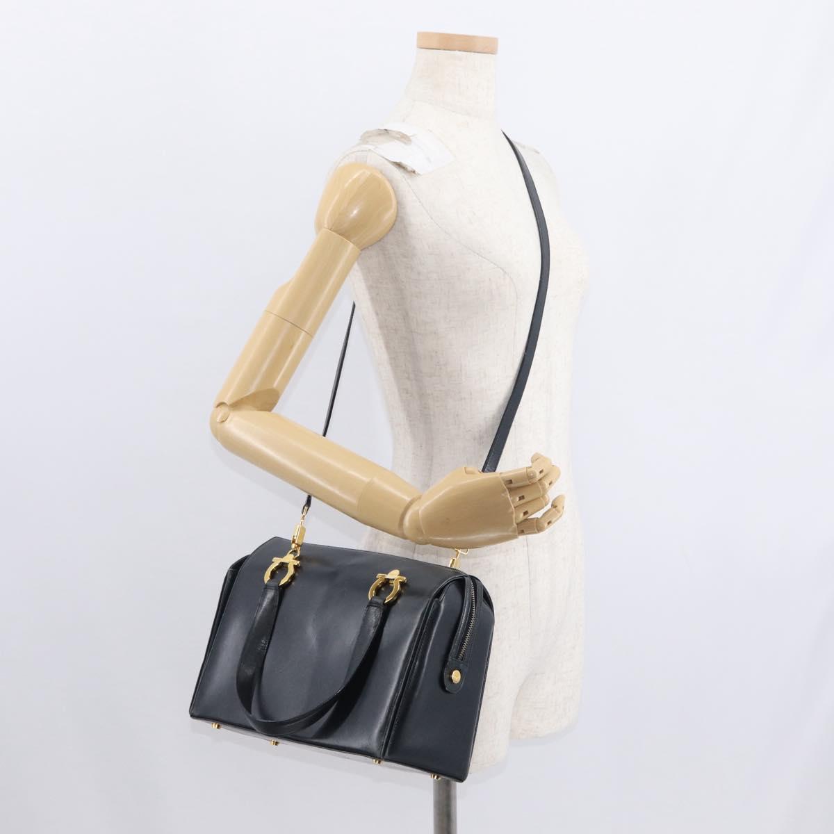 Salvatore Ferragamo Gancini Hand Bag Leather 2way Navy Gold Auth 160069