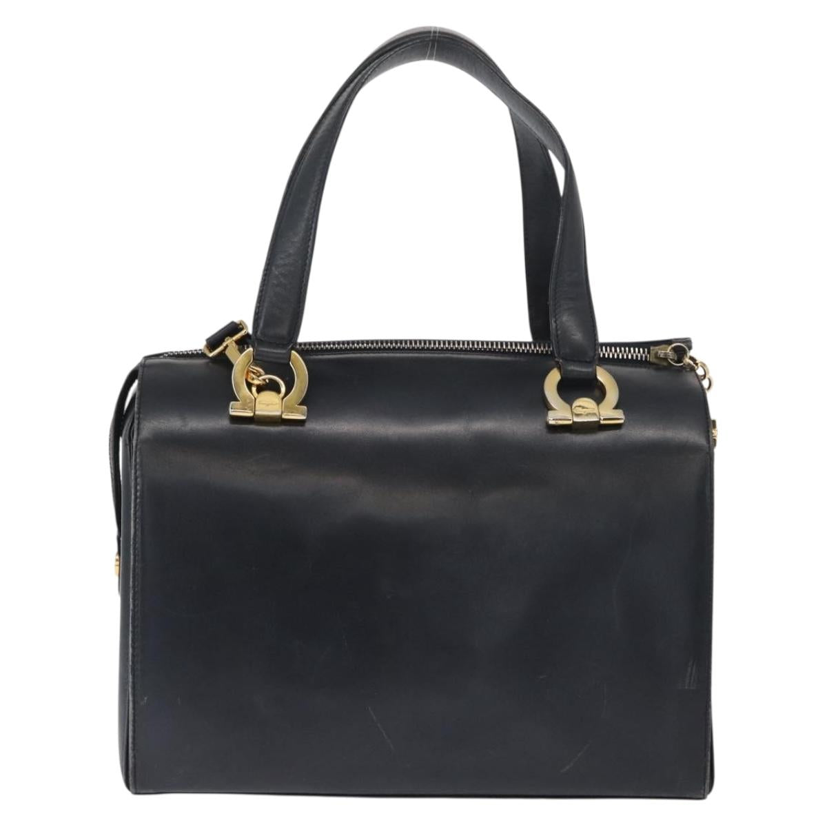 Salvatore Ferragamo Gancini Hand Bag Leather 2way Navy Gold Auth 160069