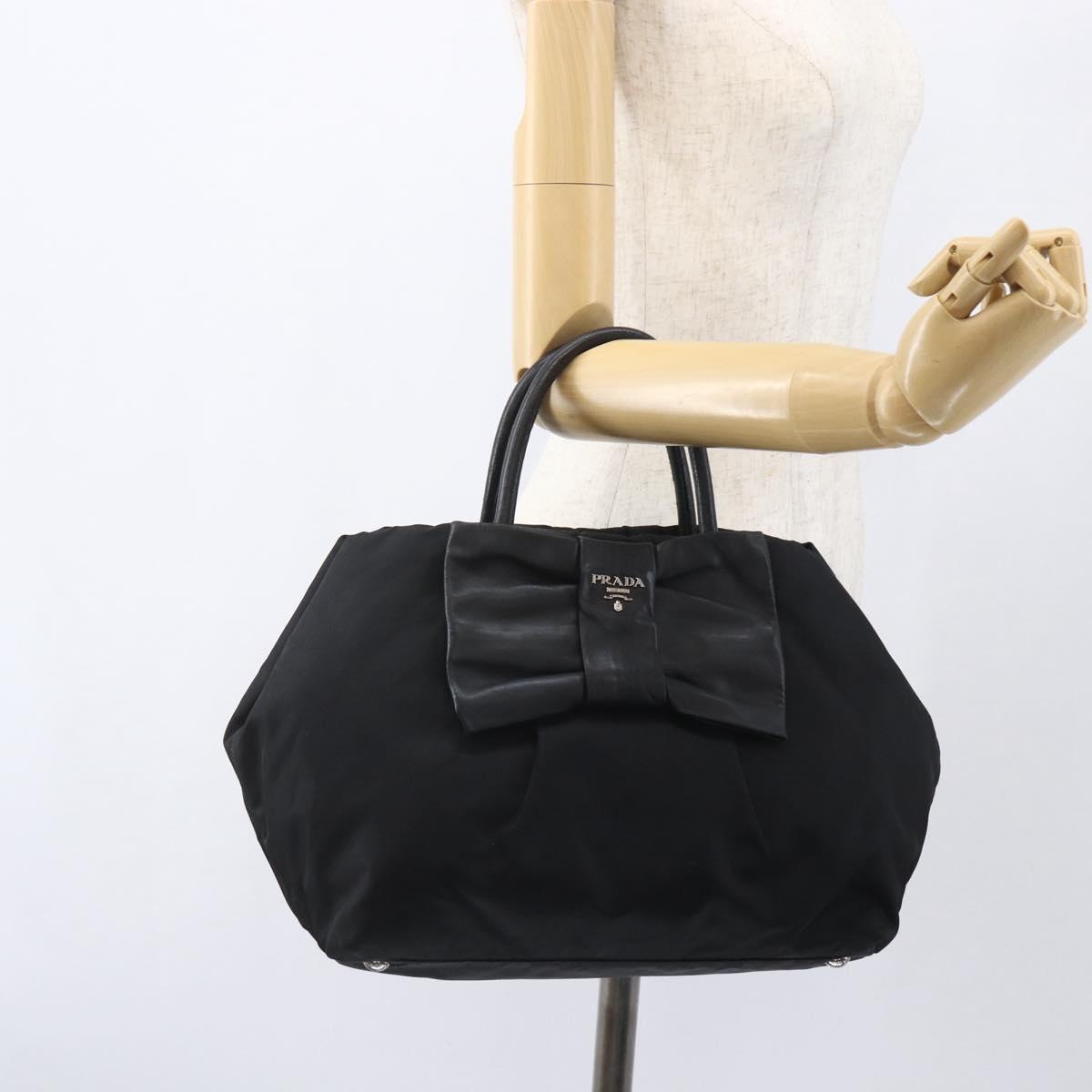 PRADA Ribbon Hand Bag Nylon Black Silver Auth 160087