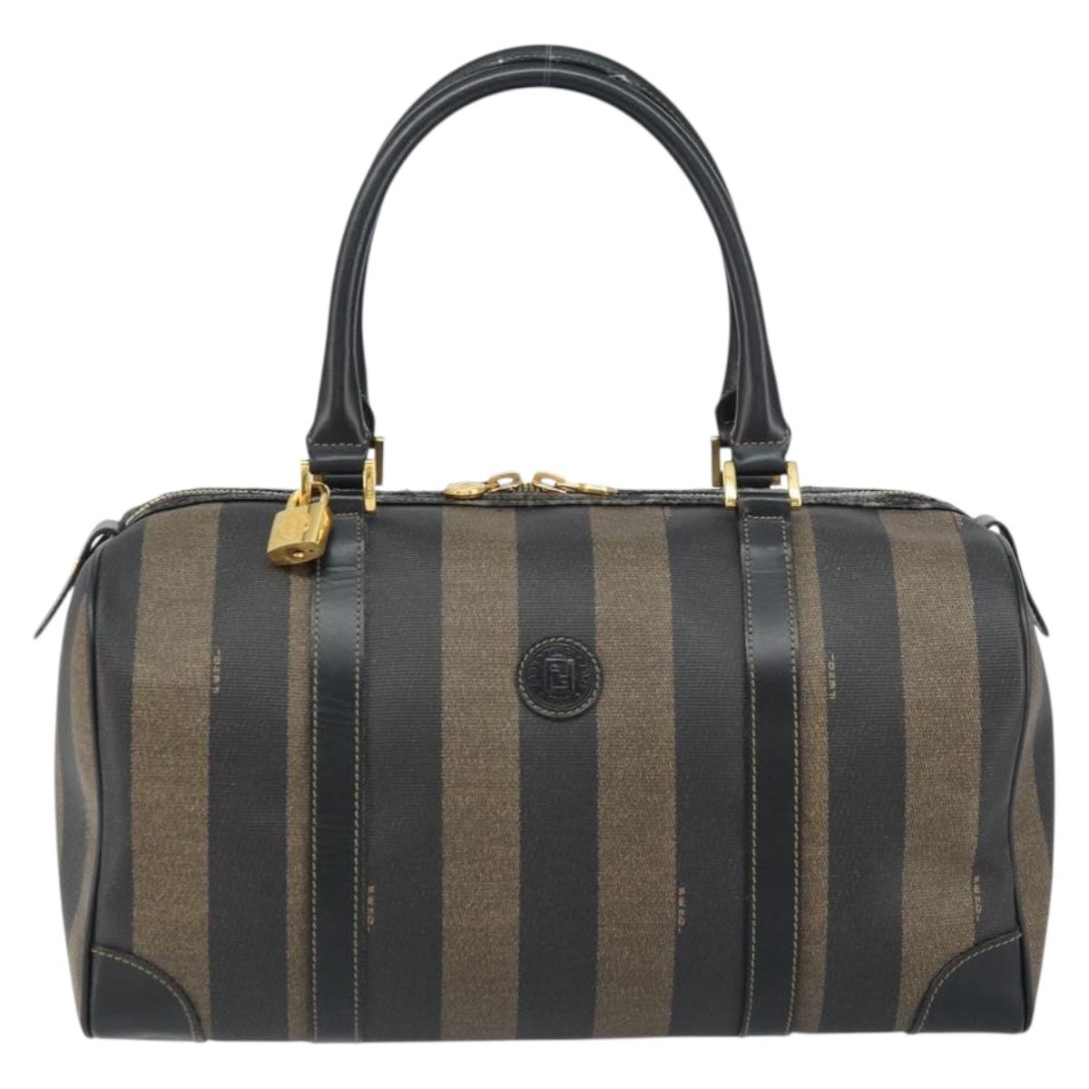 FENDI Pecan Canvas Boston Bag PVC Black Brown gold Auth 160096