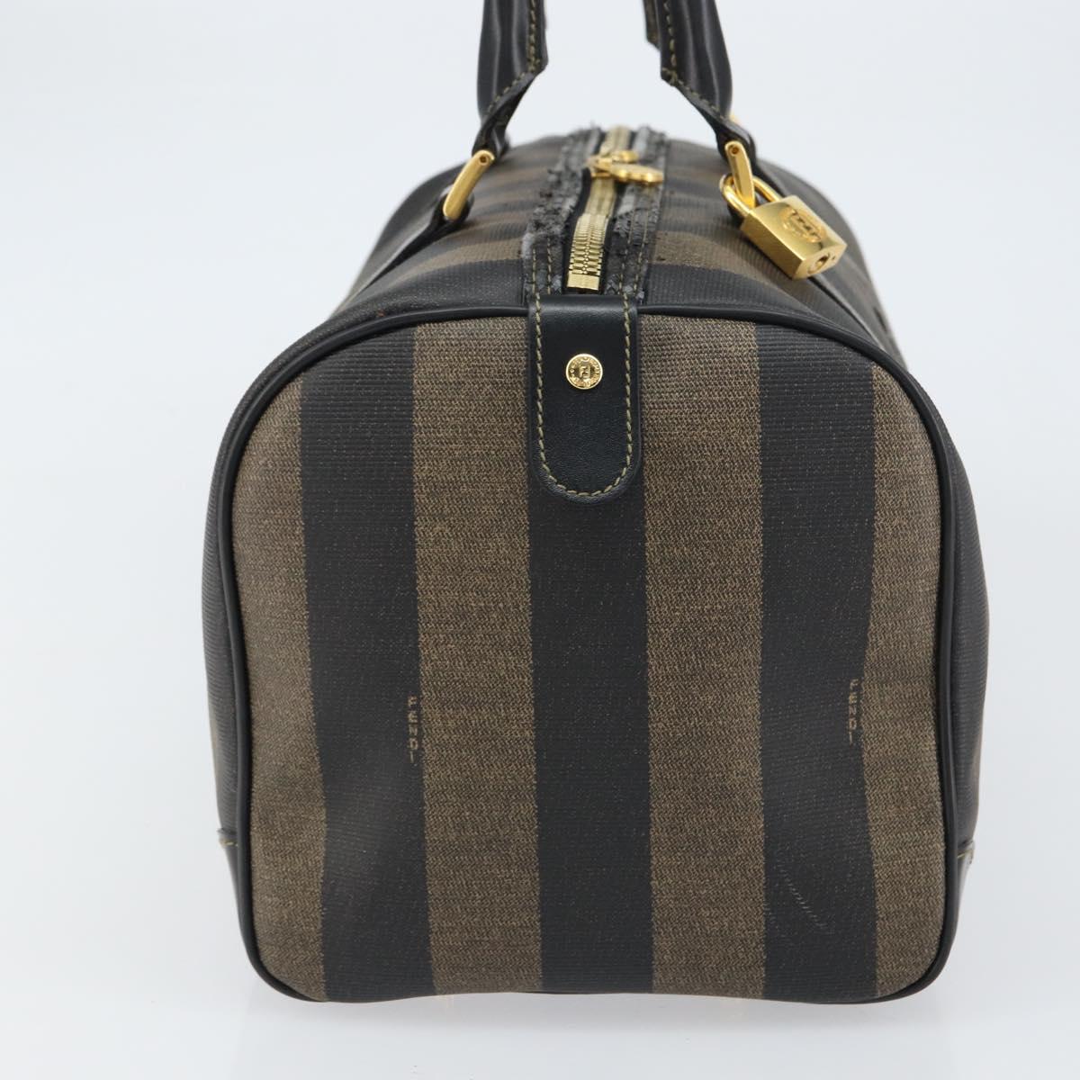 FENDI Pecan Canvas Boston Bag PVC Black Brown gold Auth 160096