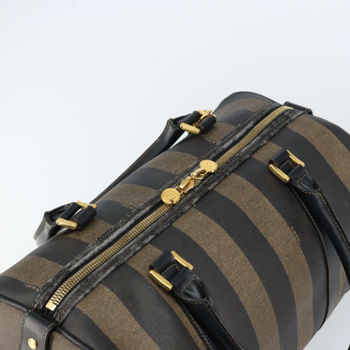 FENDI Pecan Canvas Boston Bag PVC Black Brown gold Auth 160096