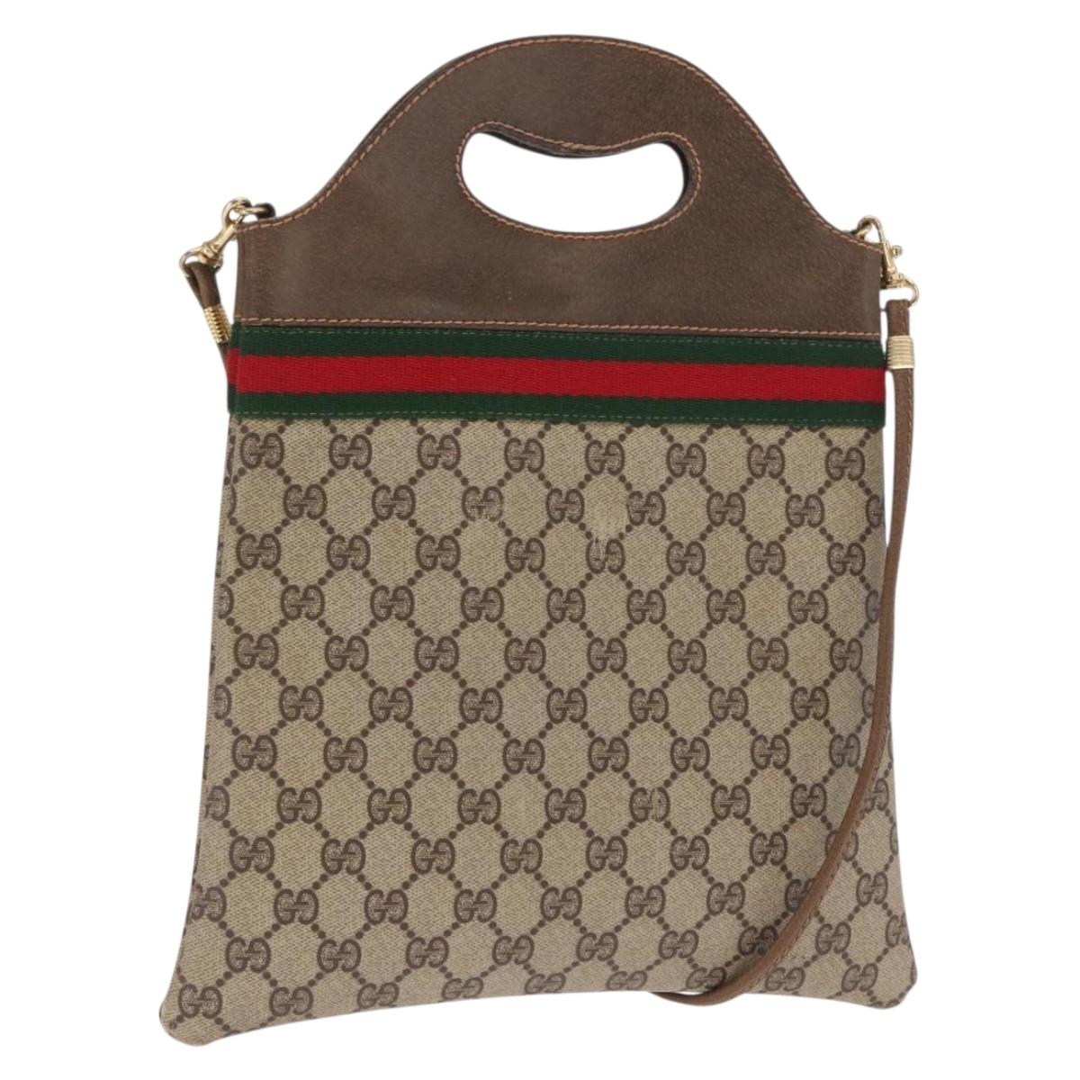 GUCCI GG Supreme Web Sherry Line Hand Bag PVC 2way Beige Gold Auth 160097