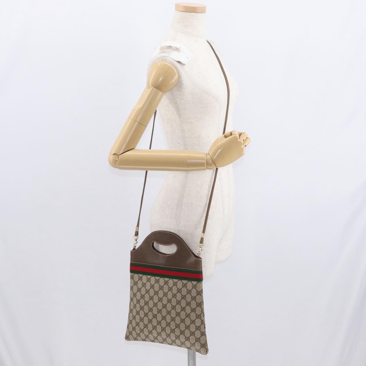 GUCCI GG Supreme Web Sherry Line Hand Bag PVC 2way Beige Gold Auth 160097