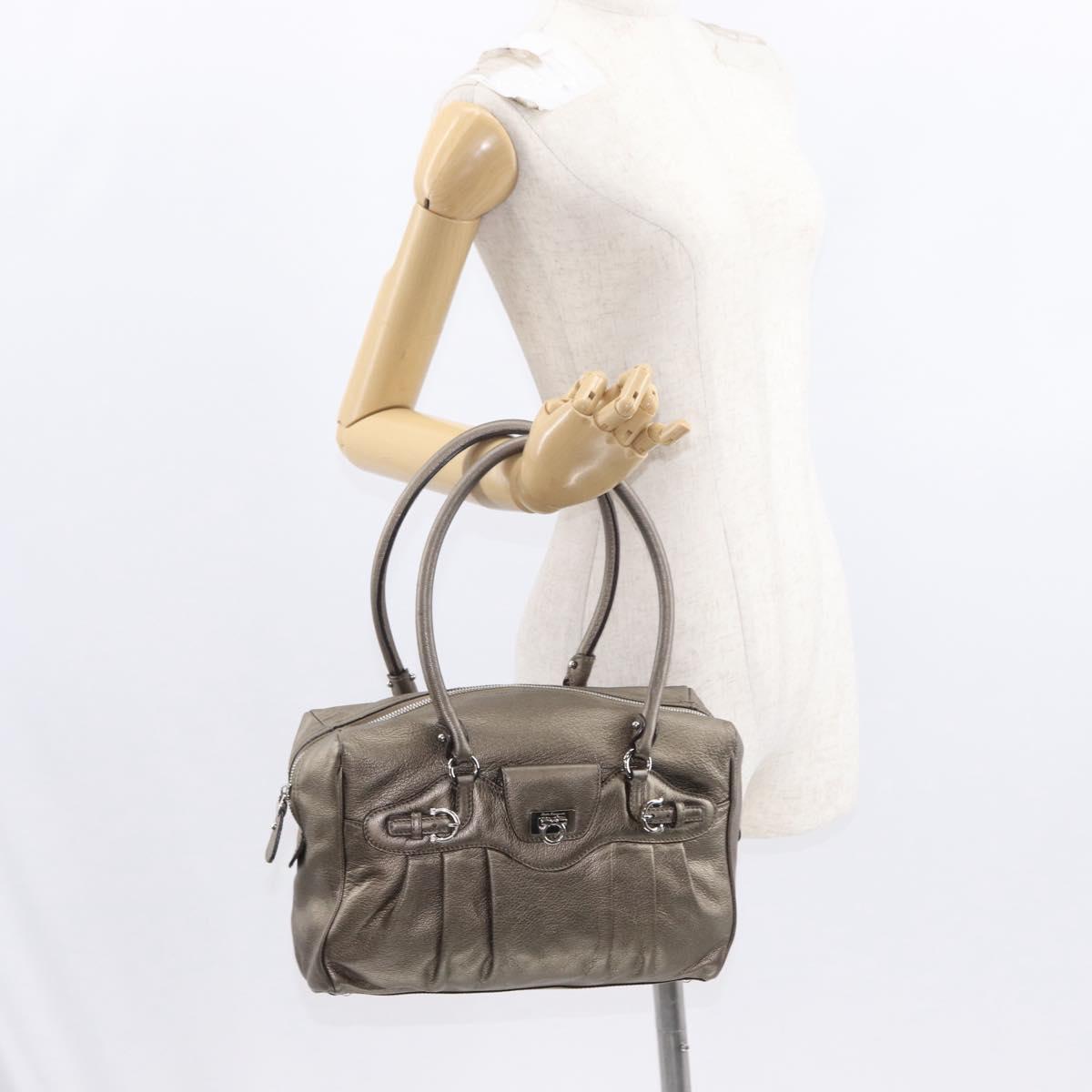 Salvatore Ferragamo Gancini Hand Bag Leather Gold Silver Auth 160099