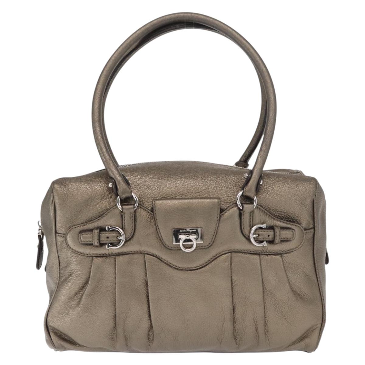 Salvatore Ferragamo Gancini Hand Bag Leather Gold Silver Auth 160099