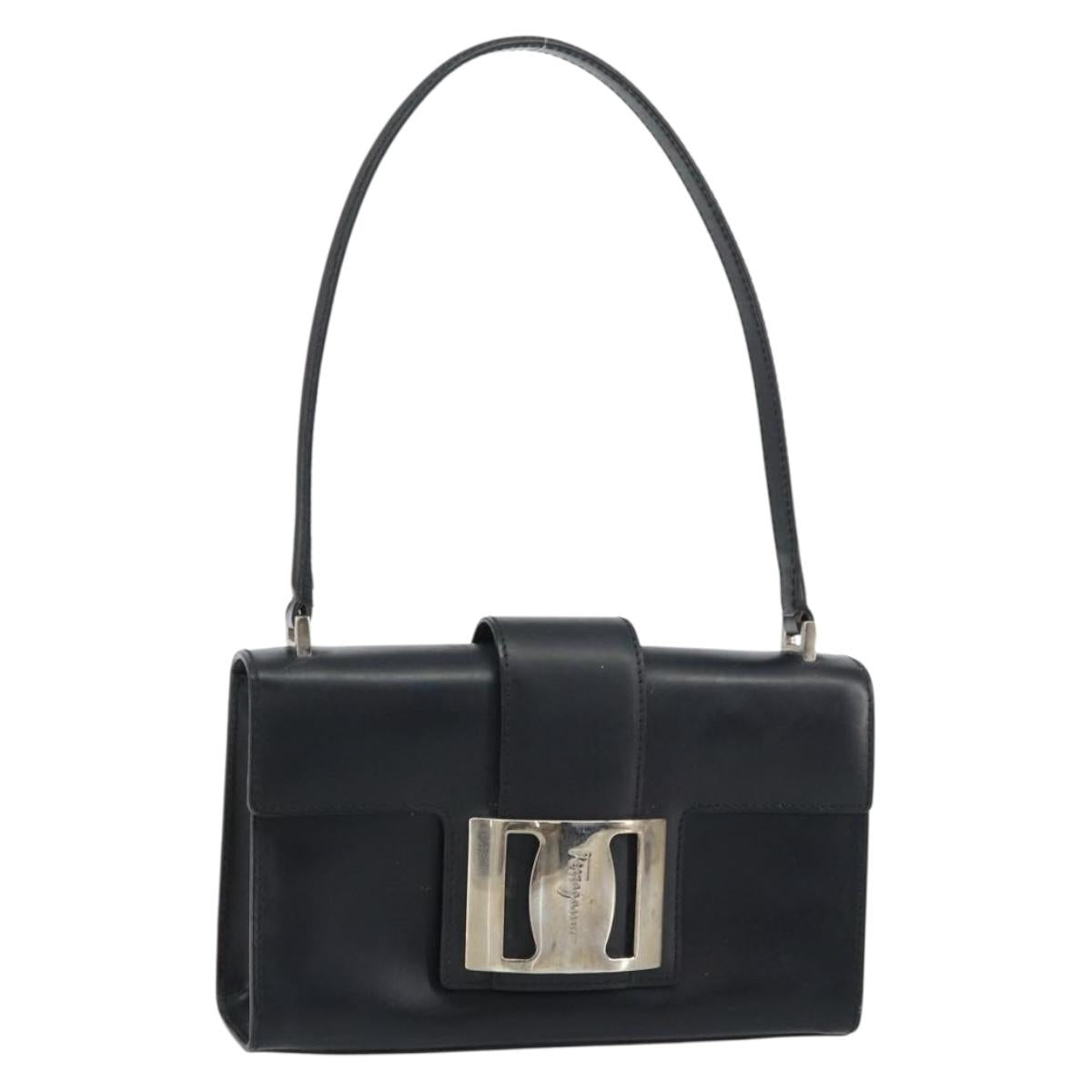 Salvatore Ferragamo Vala Hand Bag Leather Black Silver Auth 160107