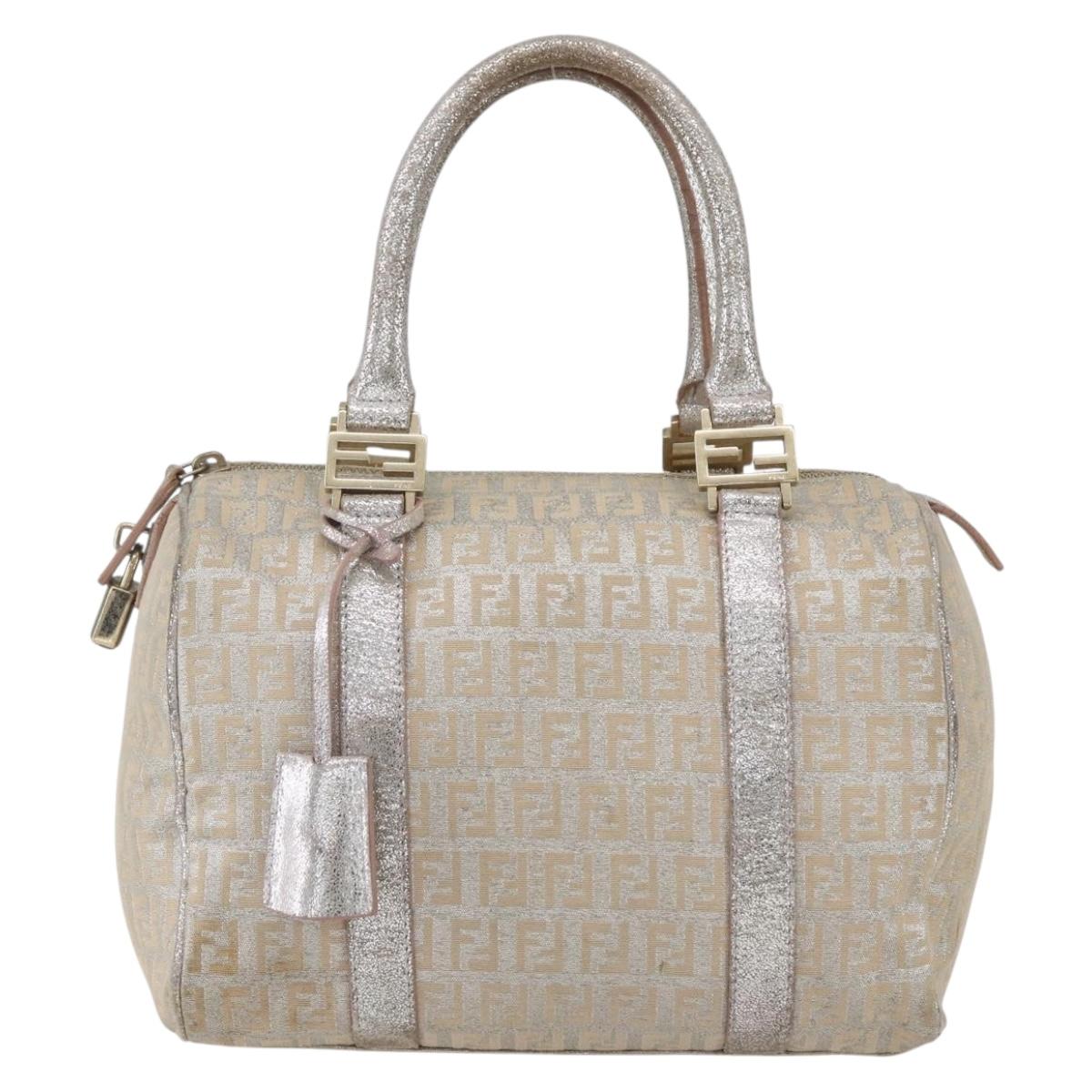FENDI Zucchino Canvas Hand Bag Silver Auth 160139