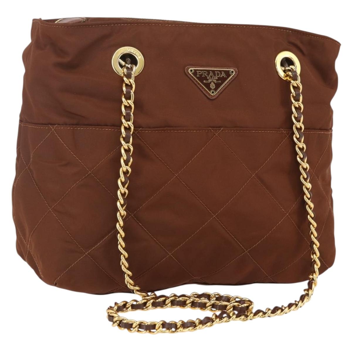 PRADA Chain Quilted Shoulder Bag Nylon Brown Gold Auth 160140