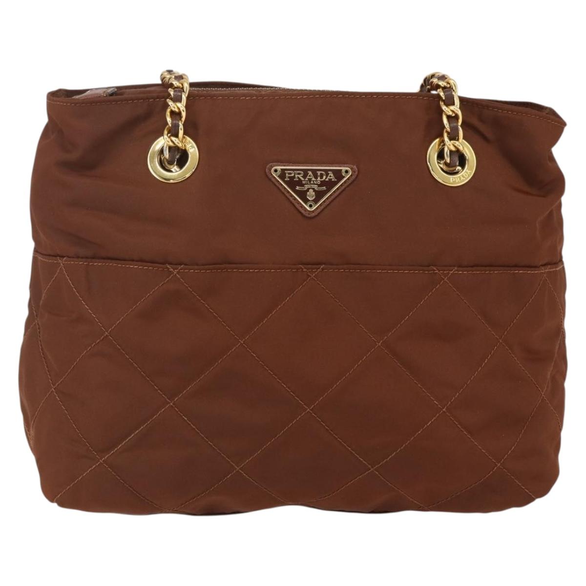 PRADA Chain Quilted Shoulder Bag Nylon Brown Gold Auth 160140