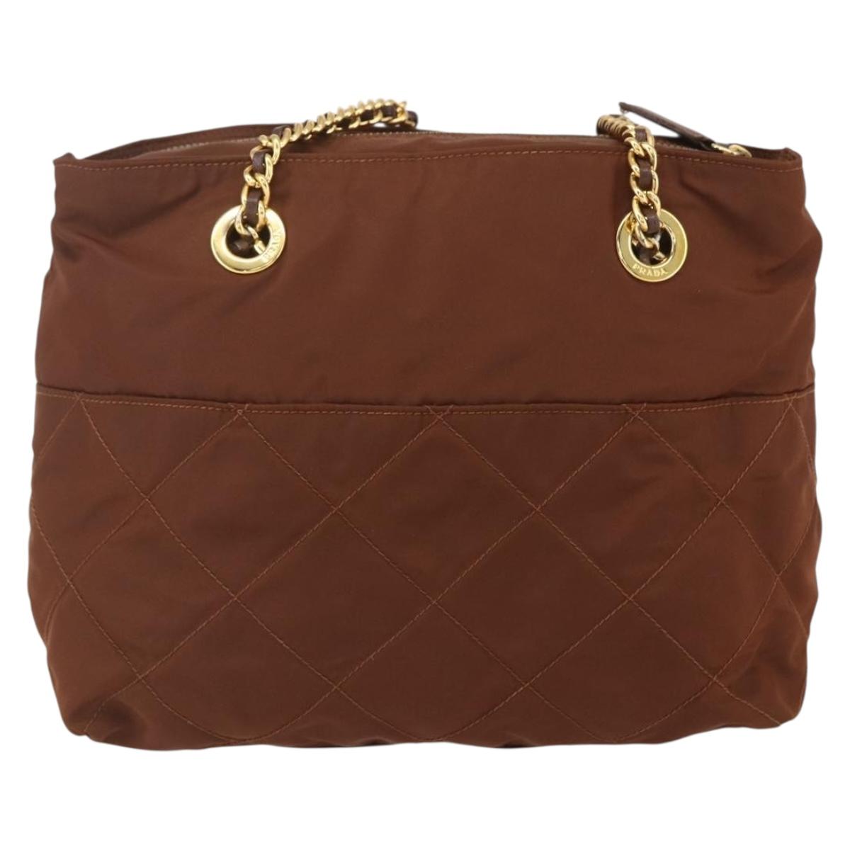 PRADA Chain Quilted Shoulder Bag Nylon Brown Gold Auth 160140