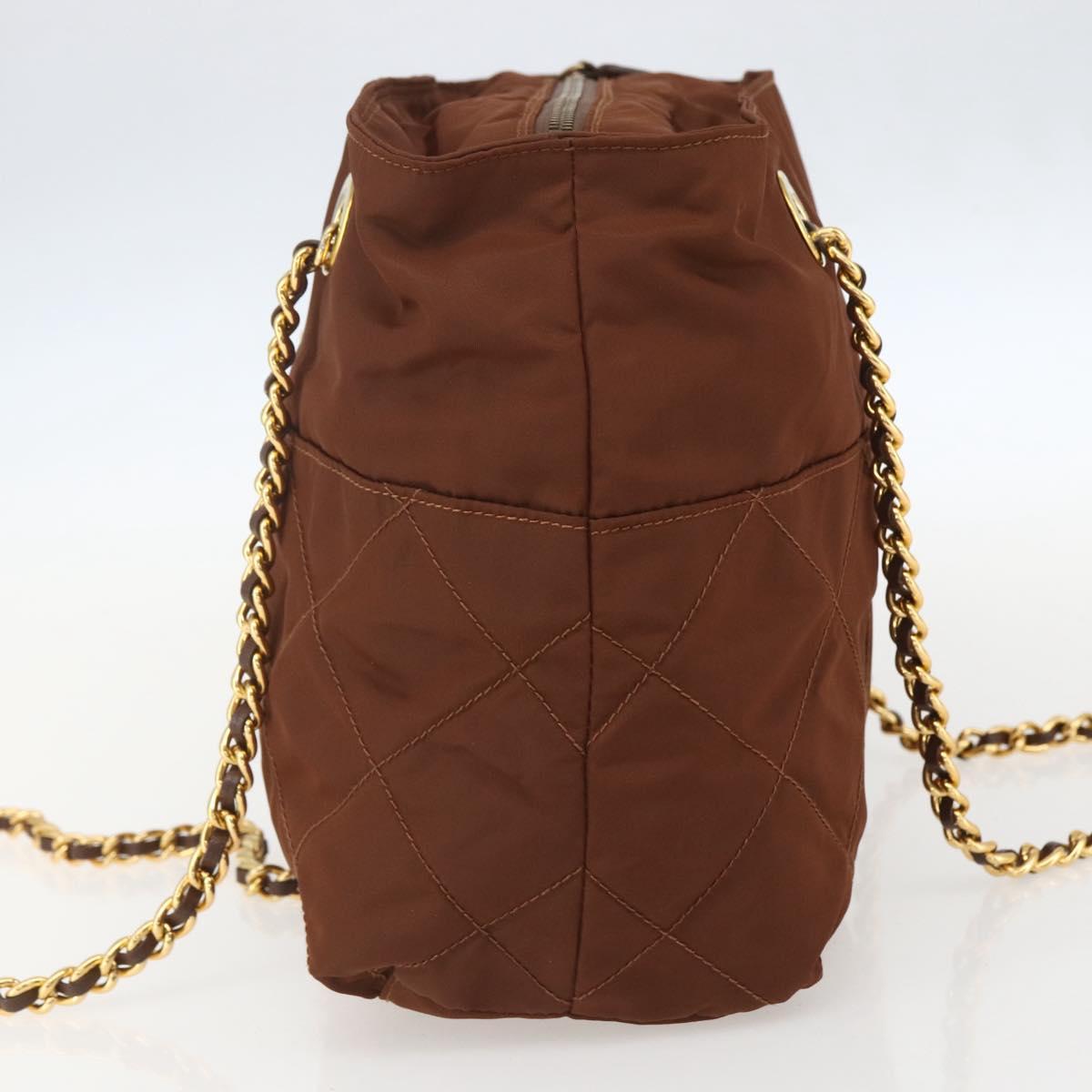 PRADA Chain Quilted Shoulder Bag Nylon Brown Gold Auth 160140