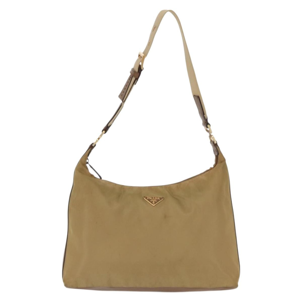 PRADA Shoulder Bag Nylon Beige Gold Auth 160150