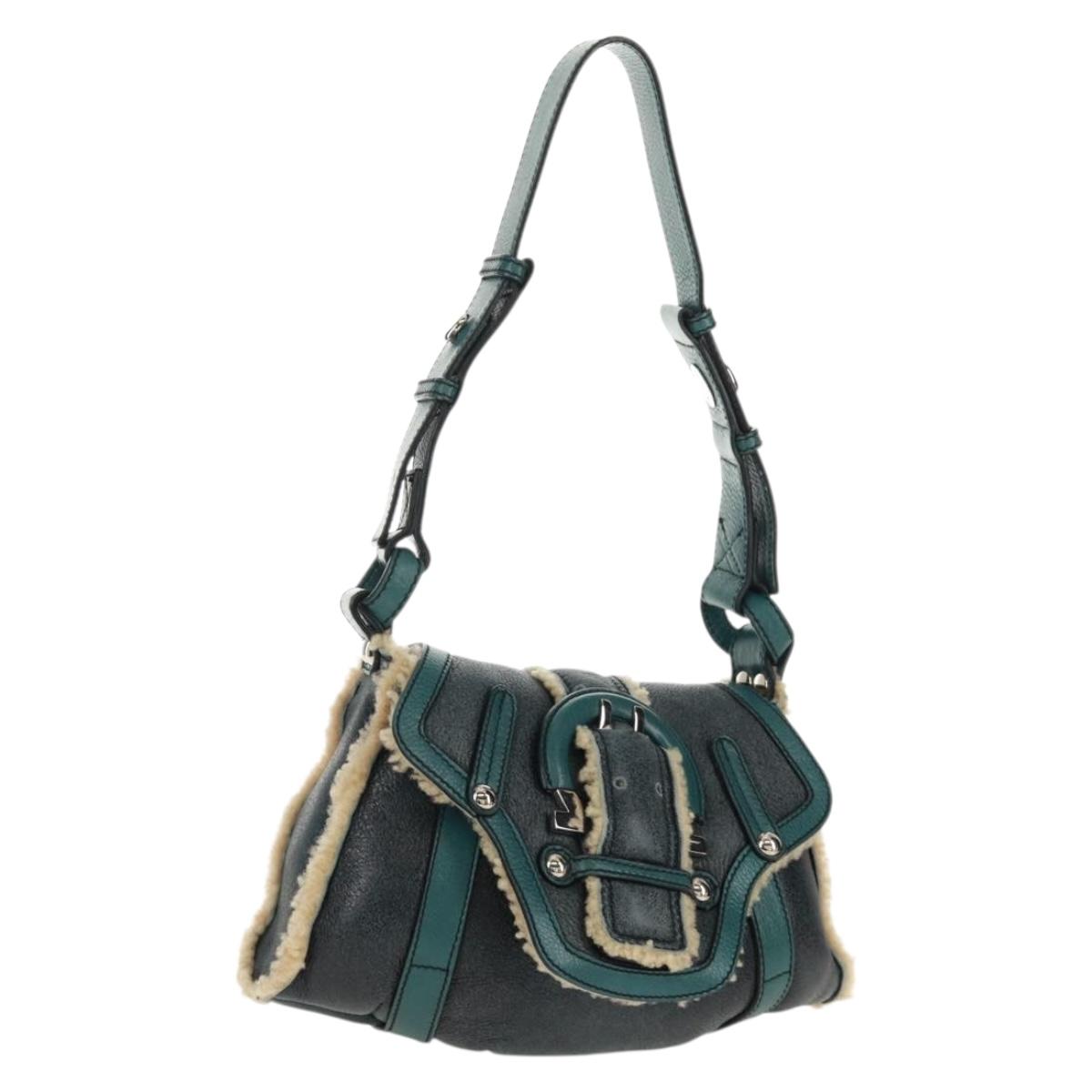 Salvatore Ferragamo Gancini Shoulder Bag Mouton Blue Green Silver Auth 160179V