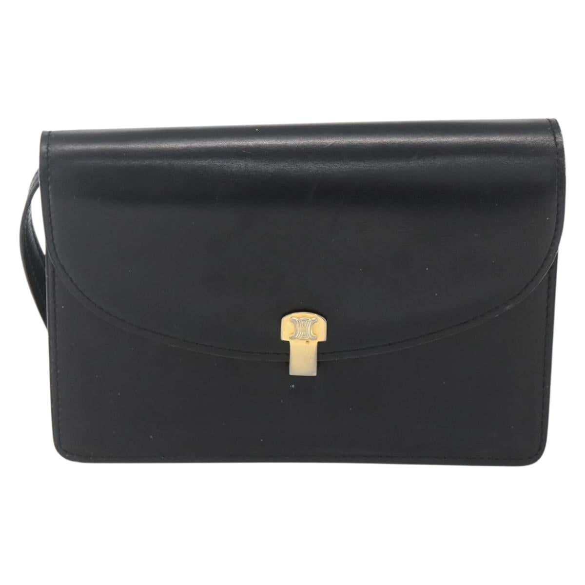 CELINE Shoulder Bag Leather Black Gold Auth 160240