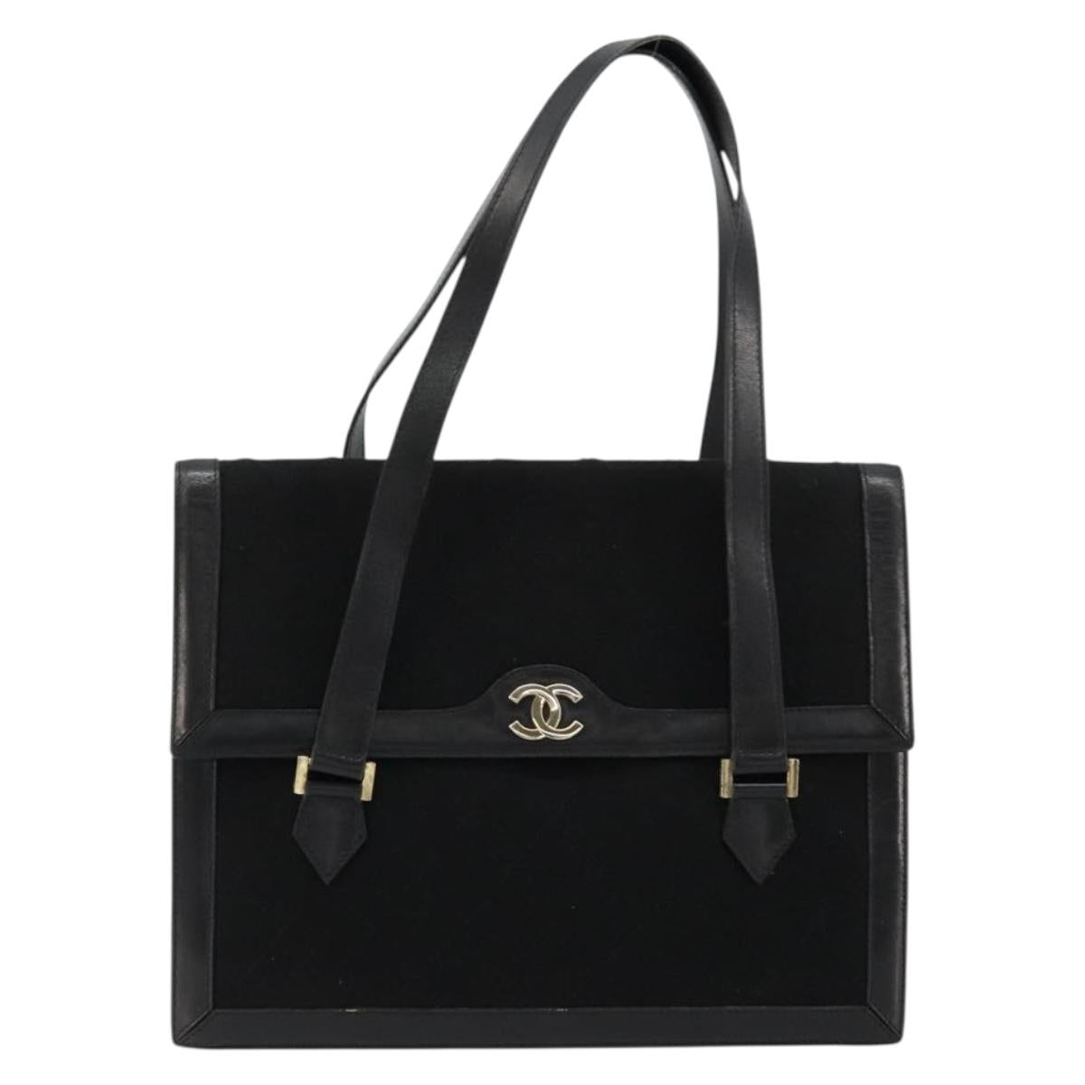 CHANEL Matelasse Hand Bag Cotton Leather Black Gold CC Auth 160252