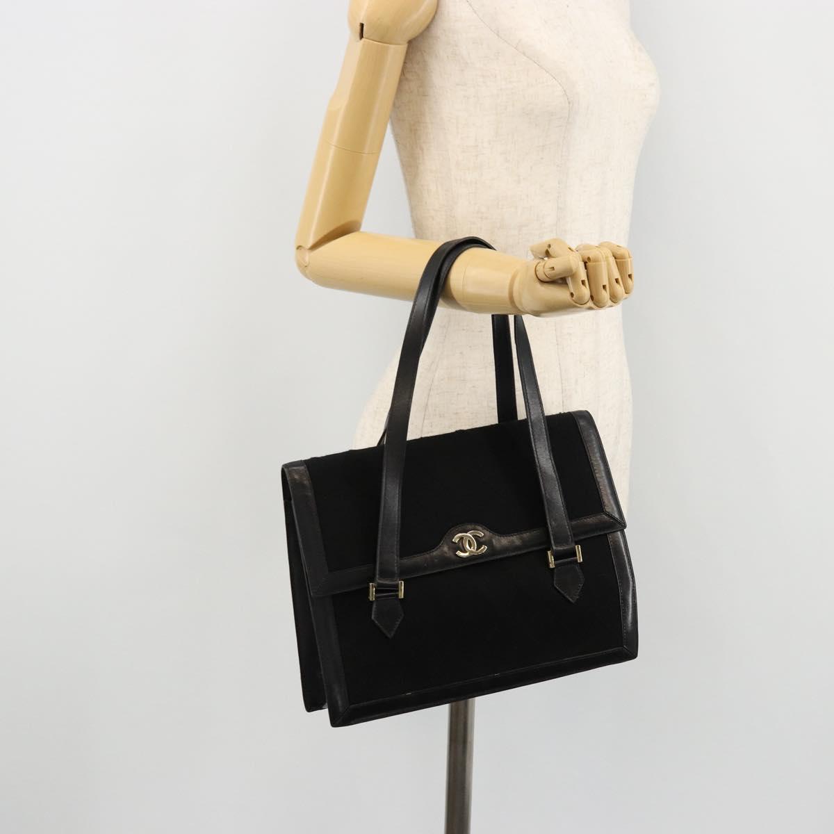 CHANEL Matelasse Hand Bag Cotton Leather Black Gold CC Auth 160252