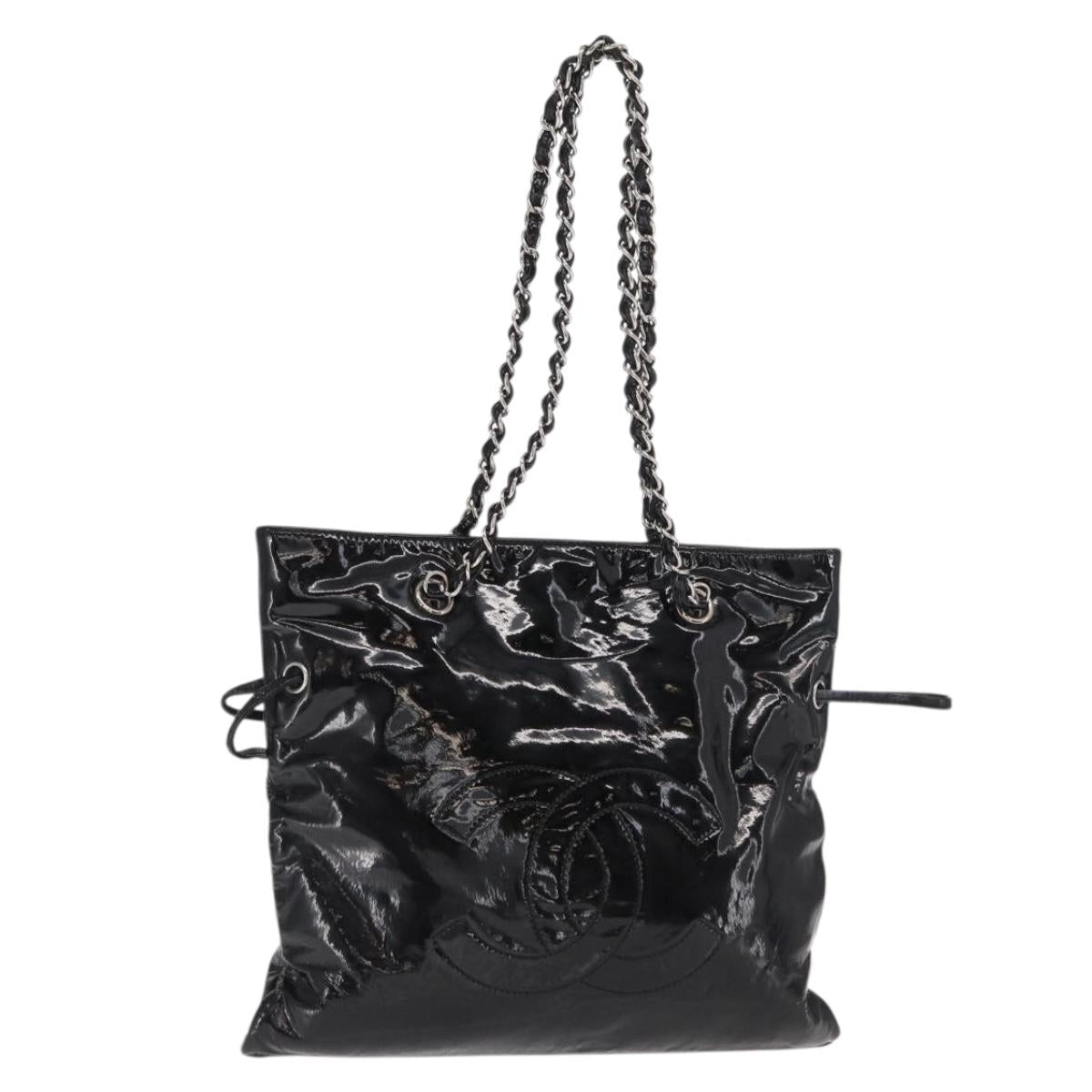 CHANEL Chain Tote Bag Patent leather Black Silver CC Auth 160254