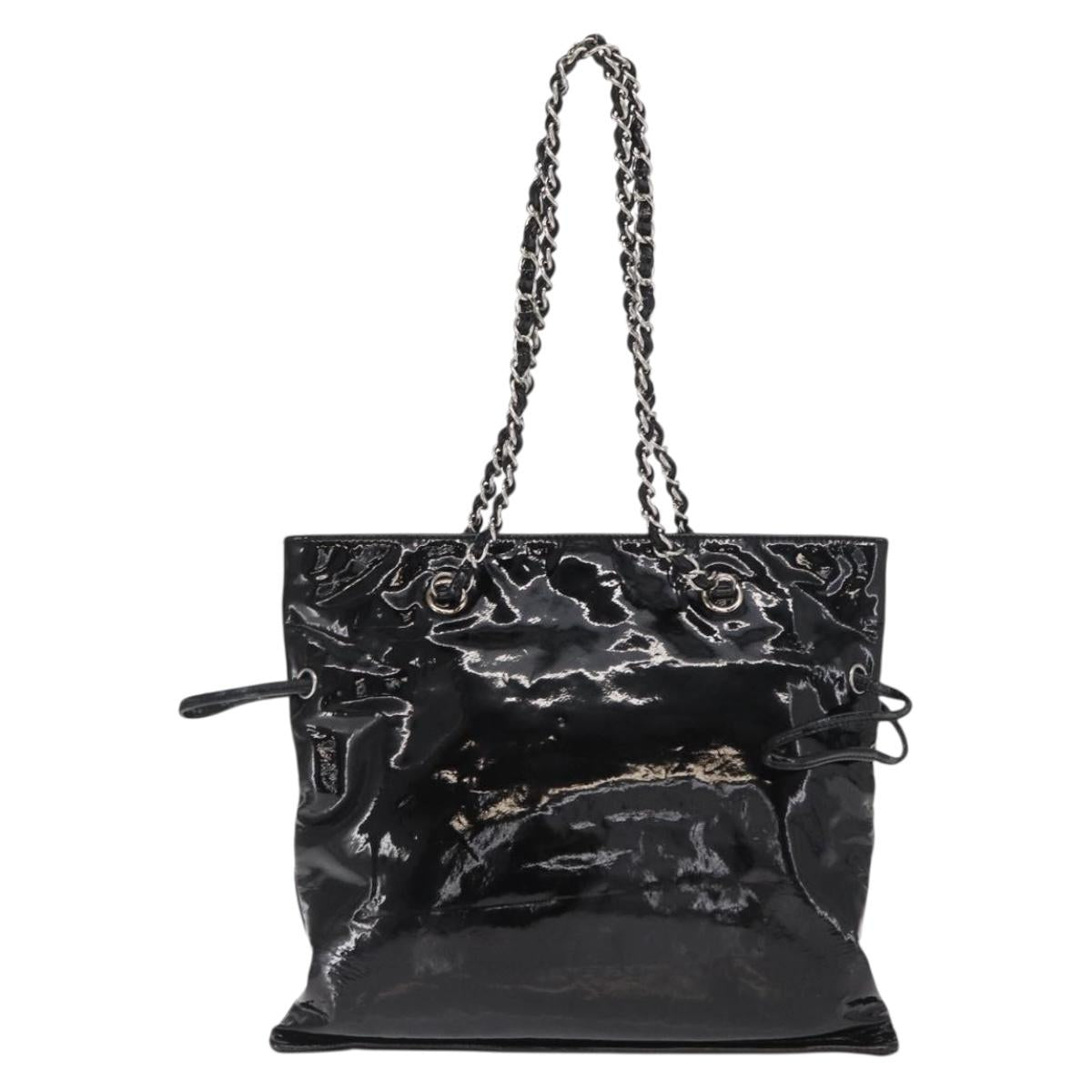 CHANEL Chain Tote Bag Patent leather Black Silver CC Auth 160254