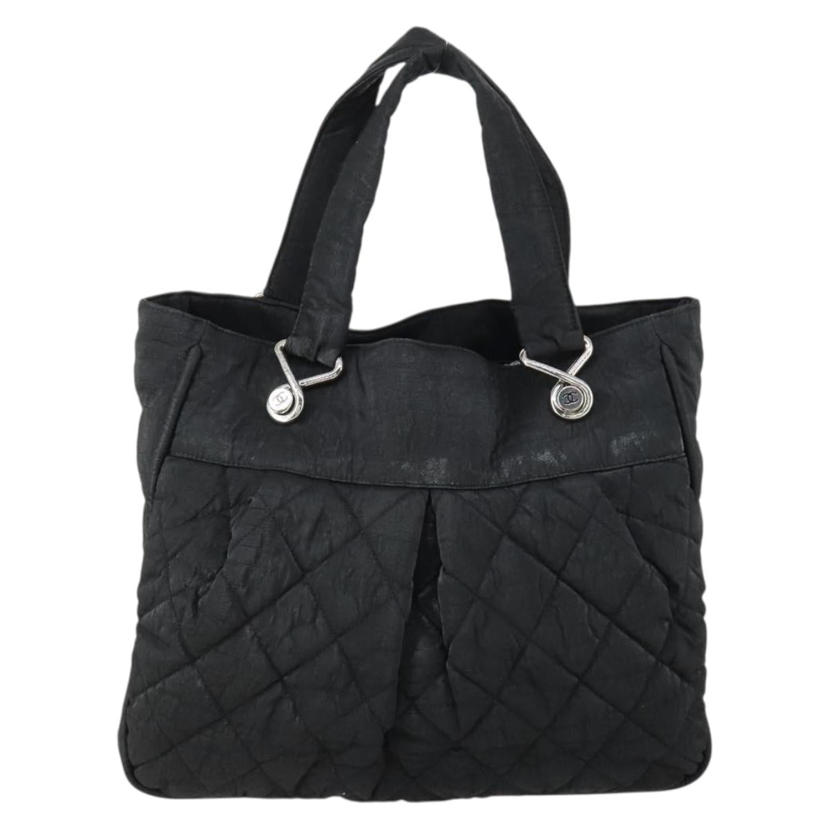 CHANEL Matelasse Tote Bag Coated Canvas Black Silver CC Auth 160260