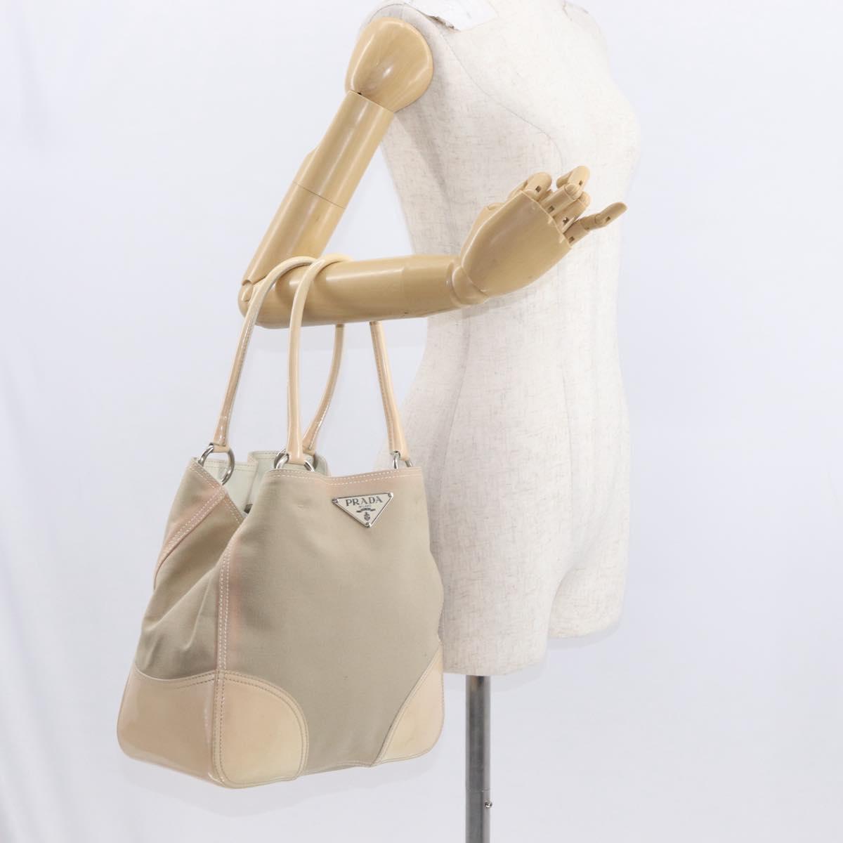 PRADA Tote Bag Canvas Leather Beige Silver Auth 160268