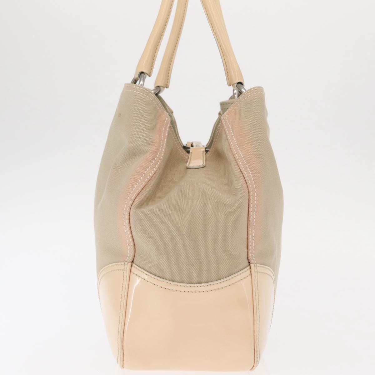 PRADA Tote Bag Canvas Leather Beige Silver Auth 160268