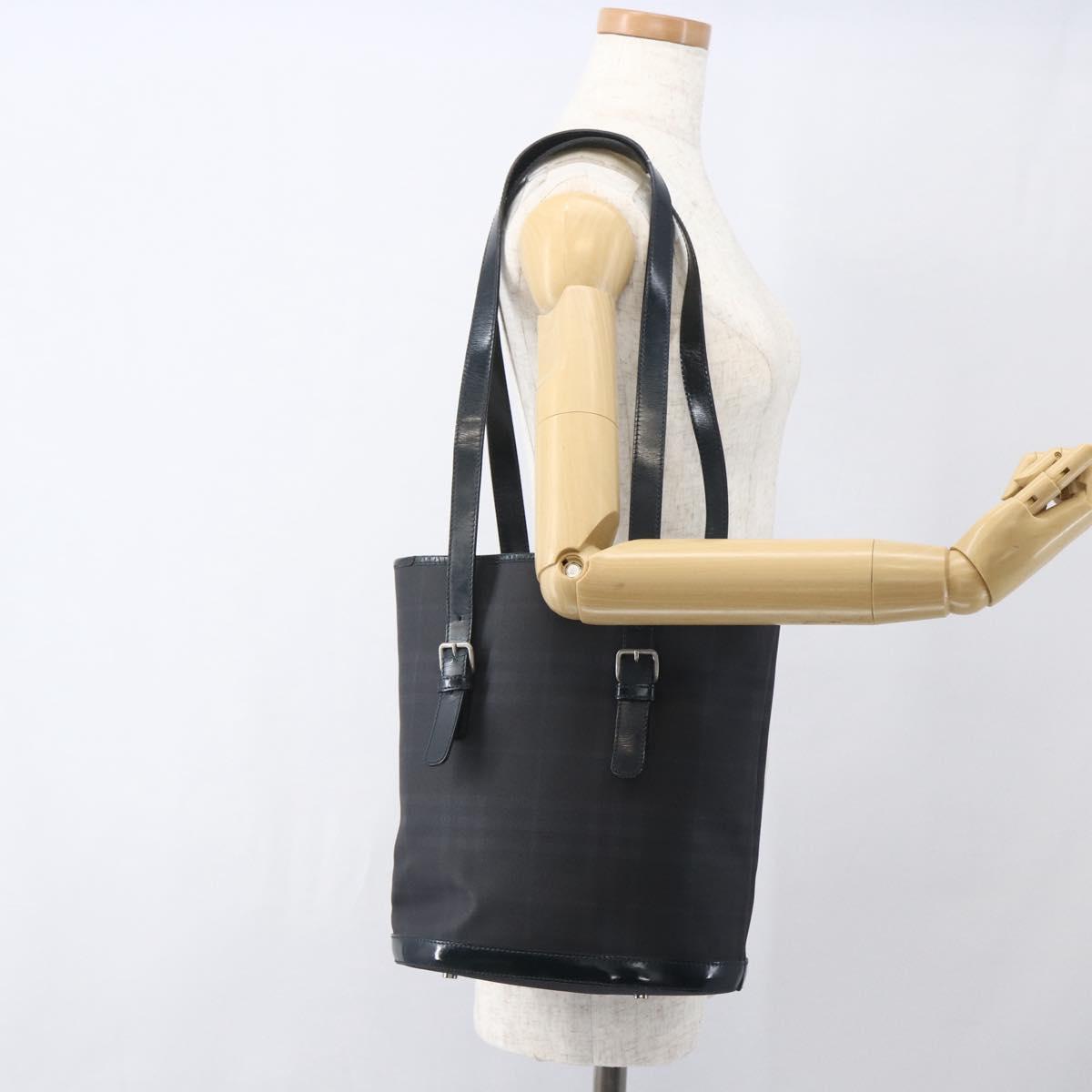 BURBERRY Nova Check Tote Bag PVC Navy Silver Auth 160290