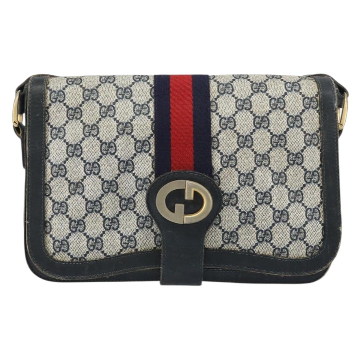 GUCCI GG Supreme Sherry Line Shoulder Bag PVC Navy Gold Auth 160298