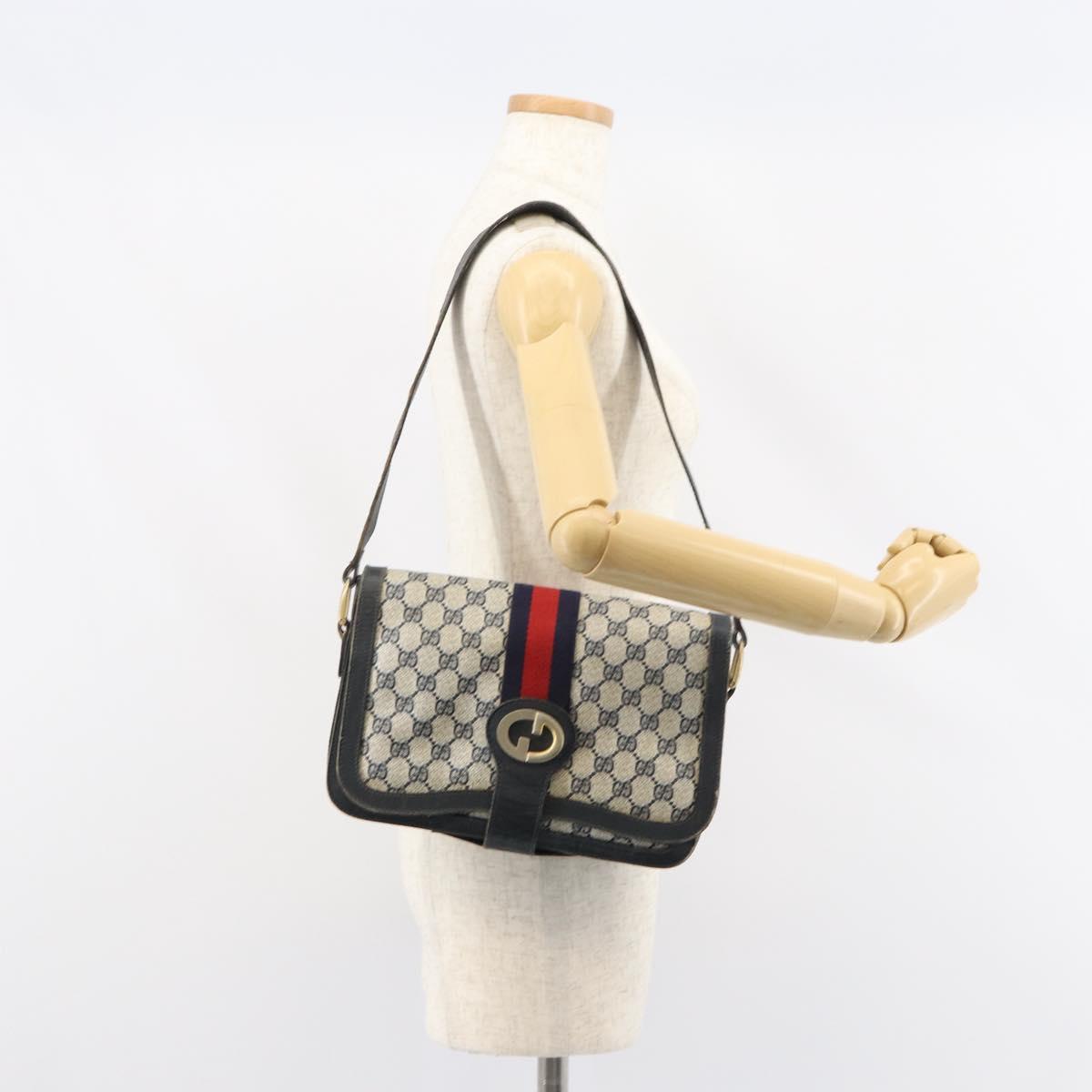 GUCCI GG Supreme Sherry Line Shoulder Bag PVC Navy Gold Auth 160298