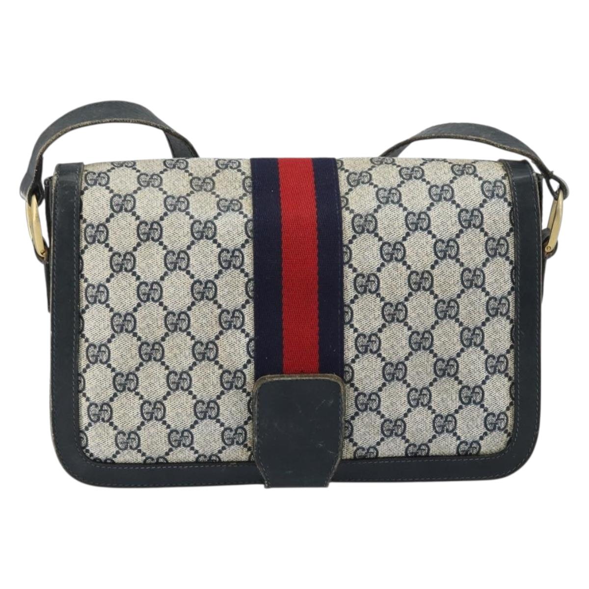 GUCCI GG Supreme Sherry Line Shoulder Bag PVC Navy Gold Auth 160298