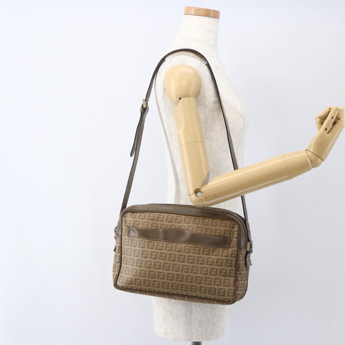 FENDI Zucchino Canvas Shoulder Bag PVC Brown Gold Auth 160299