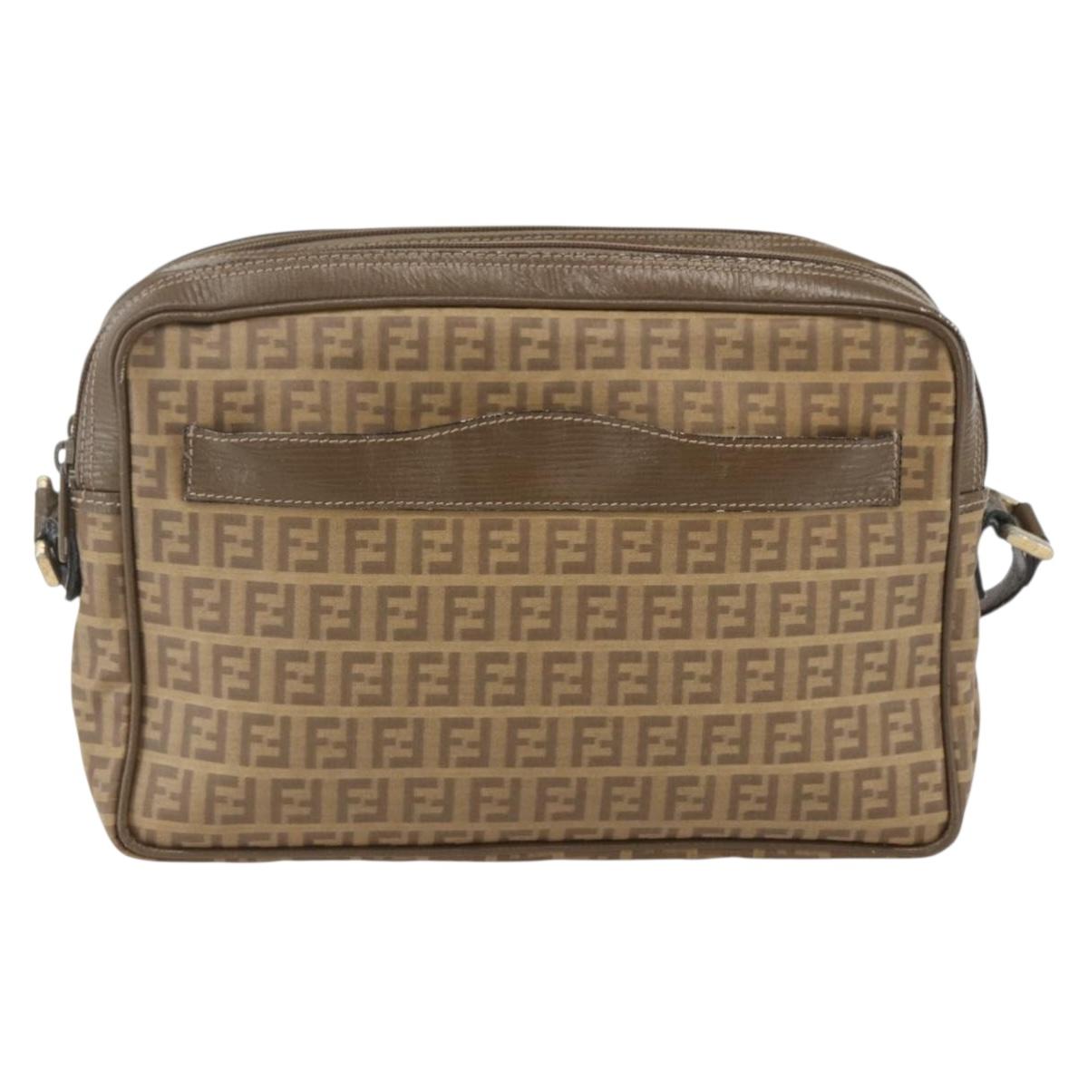 FENDI Zucchino Canvas Shoulder Bag PVC Brown Gold Auth 160299