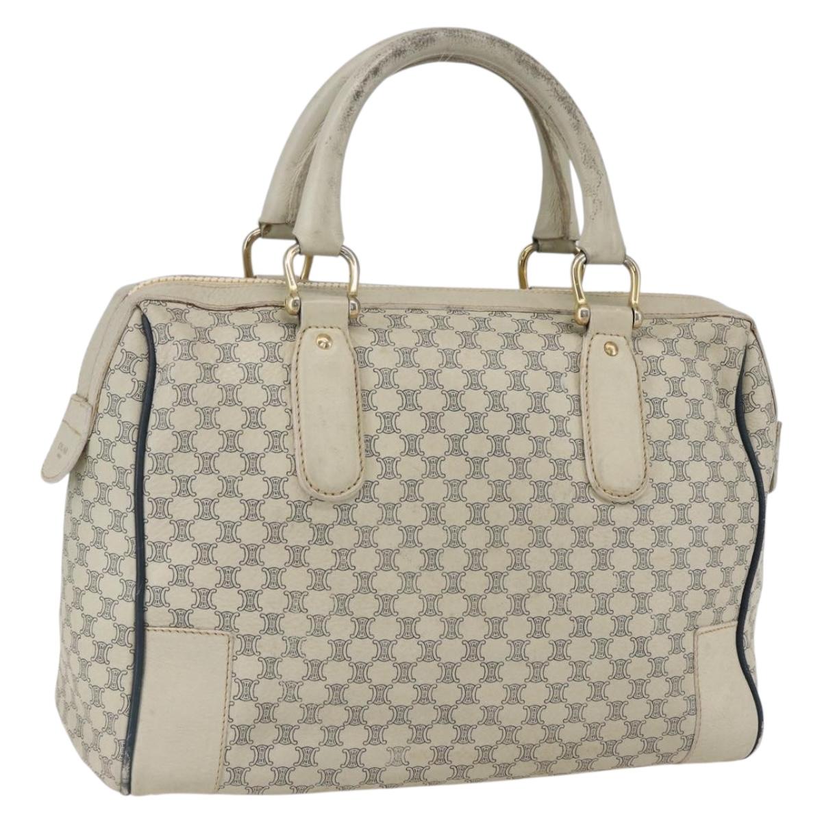 CELINE Macadam Canvas Hand Bag Leather White Gold Auth 160302